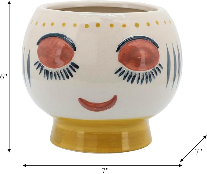 Stoneware Ceramic Planter Pot – Indoor Planter for Plants and Flowers, Shelf, Desk, or Patio Outdoor Decor, Art-Inspired Face Design for Modern Home Decor – 6", Ivory, Yellow, Blue Glaze