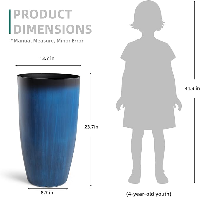 Ultym 23.75" Round Tall Planters, 2-Pack Large Flower Pots for Indoor Outdoor Plants, UV-Protect PP Container for Garden Patio Yard Balcony Porch or Home Decor, Artistic Floating Cobalt Blue Glaze