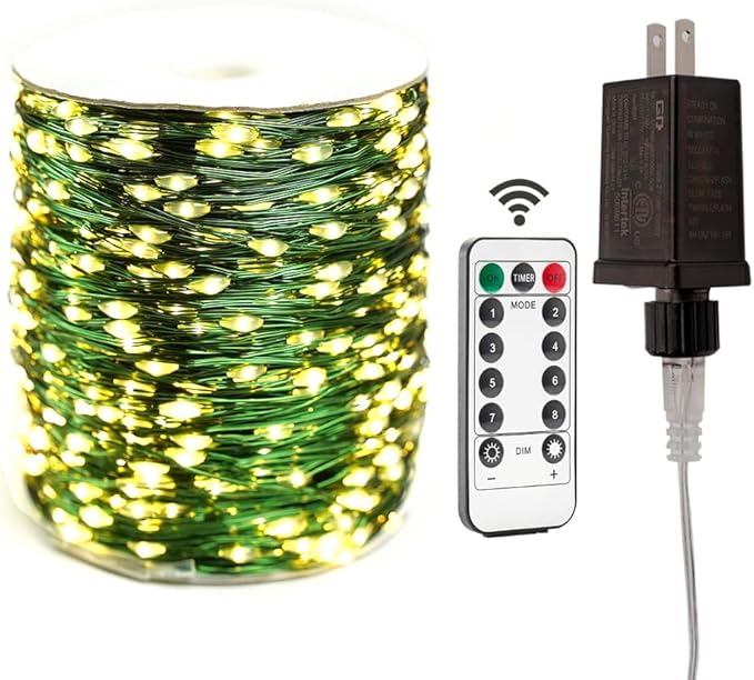Green Wire Fairy Lights Plug in 100FT High Bright 300 LED Waterproof LED String Lights with Remote Warm White for Christmas Tree, Patio, Garden, Backyard
