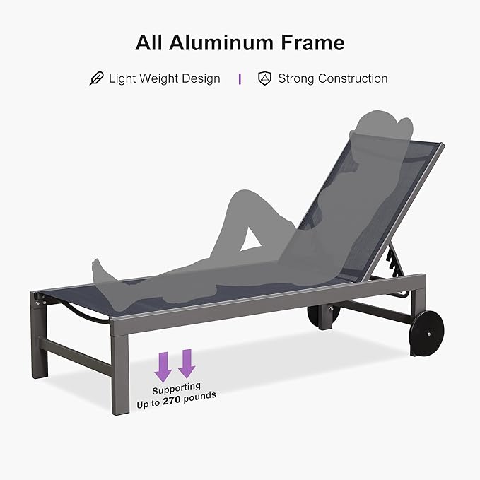 PURPLE LEAF Outdoor Lounge Chair Set for 2 Patio Chaise Lounger with Aluminum Frame and Easy-to-Move Wheels All-Weather Pool Lounge Chairs for Outside Garden Yard Poolside Table Included, Navy Blue