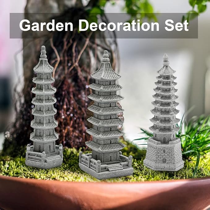Saihisday 3PCS Mini Pagoda Sandstone Sculpture, Chinese Zen Pagoda Figurines for Garden, Office Home Desktop Decor