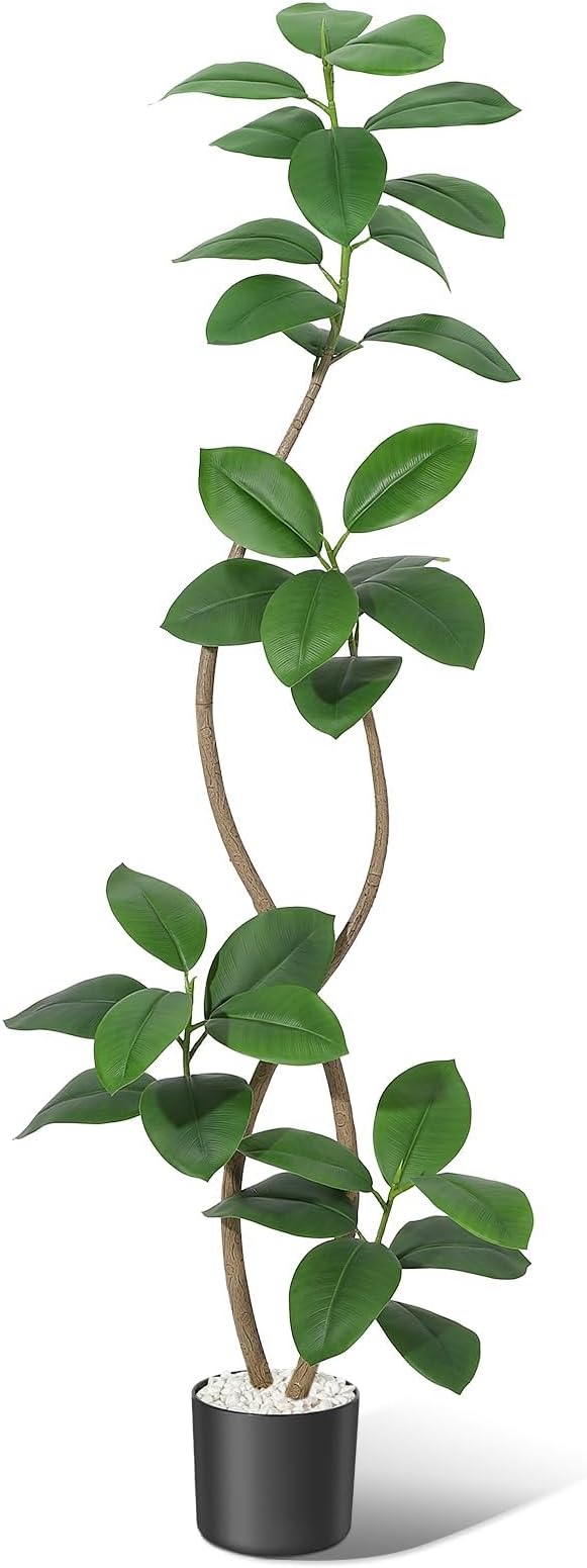 6 ft Artificial Plant Rubber Tree, Large Floor Tree Real Touch, Artificial Plants Indoor Potted with Black Sphere Resin Planter & Stone, Tall Plant Artificial Large Floor