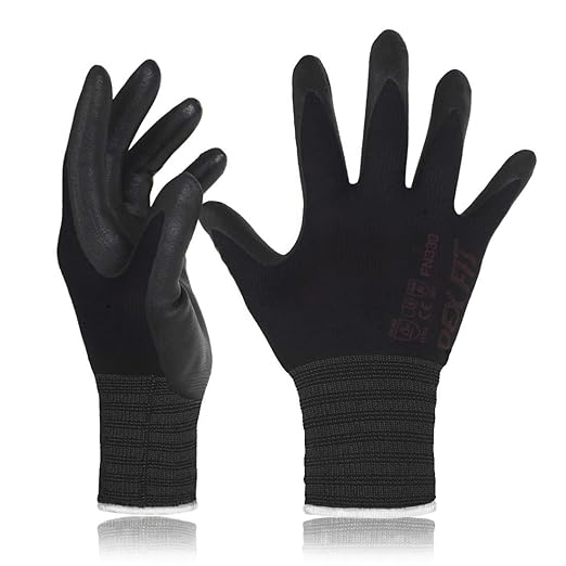 DEX FIT Nitrile Work Gloves FN330, 3D-Comfort Stretchy Fit, Firm Grip, Thin & Lightweight, Touch-Screen Compatible, Durable, Breathable & Cool, Machine Washable; Black S (7) 12 Pairs