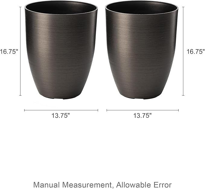 Glitzhome 16.75" H Tall Planters for Outdoor Plants,Tall Black Planter with Drainage Holes,Modern Resin and Stone Faux Brushed Steel Texture Large Planters,Garden Flower Pots for Porch Indoor,Set of 2