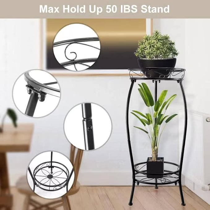 Tall Plant Stand Indoor Outdoor, 2Tier Metal Potted Flower Pot Stand, Heavy Duty Iron Planter Shelves Rack Anti-rust, 27" (Black)