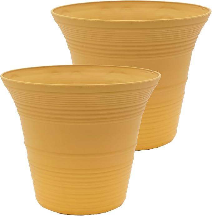 The HC Companies 14 Inch Sedona Round Self Watering Planter Pots, Lightweight UV-Resistant Plastic Indoor & Outdoor Planters, 2-Pack Flower Pots for Garden & Home Decor, Honey