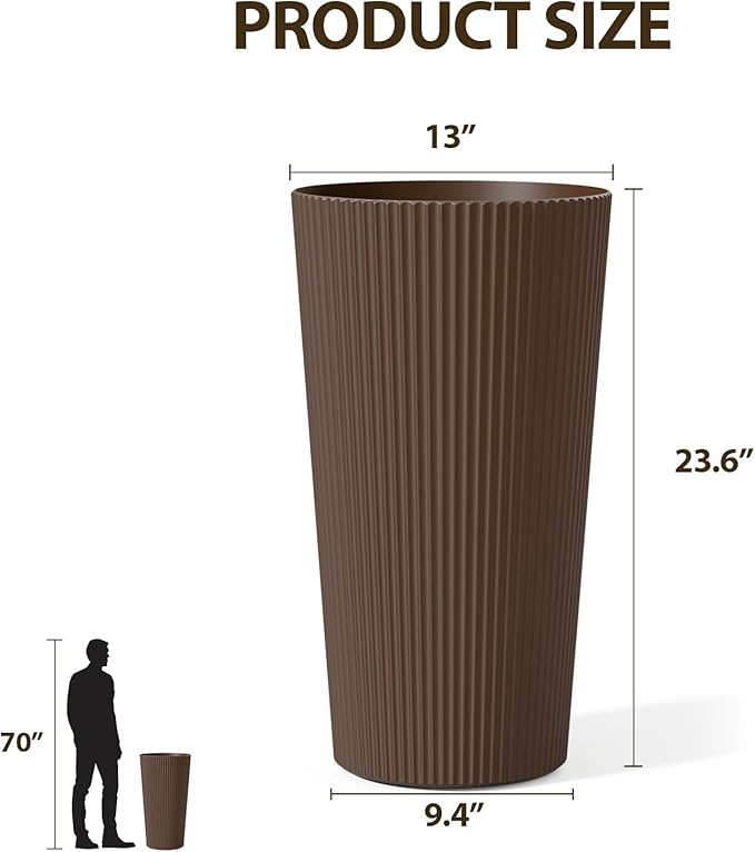 Diyfire Tall Outdoor Planter Front Porch Decor Set of 2-23.6" H Tall Planters for Outdoor Plants with Drainage Hole, Round Conical Design Flower Pots for Indoor/Patio/Garden, Brown