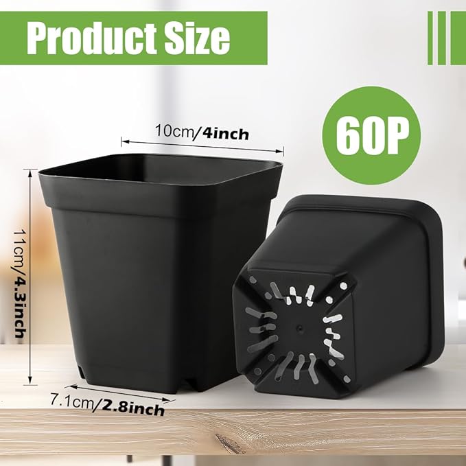 RooTrimmer Square Nursery pots 4 Inches 60Pcs, Seedling Plastic Seeds propogation Growing Pots (Black,4Inches,60Pcs)
