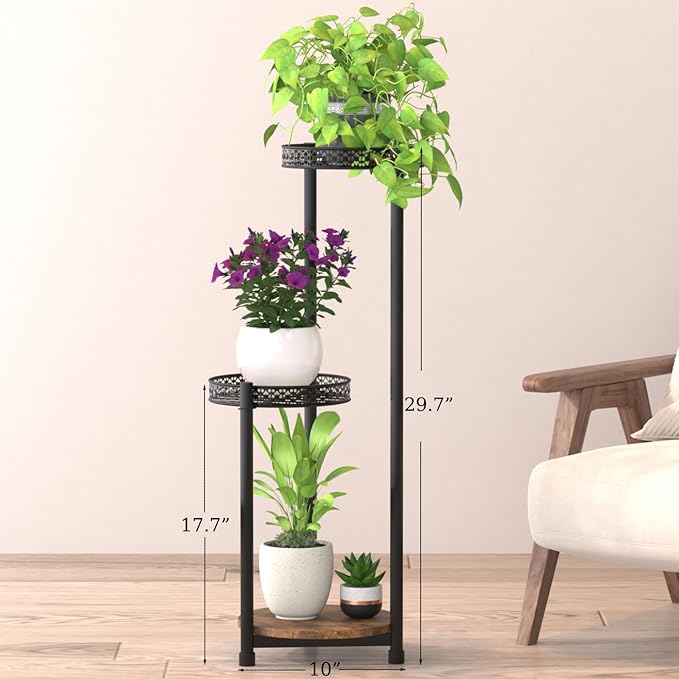 Atpddpey Plant Stand Indoor Outdoor,3 Tier Metal Wood Plant Stand for Multiple Plants,Black Tall Narrow Plants Display Organizer for Corner Living Room Porch Patio Garden Office