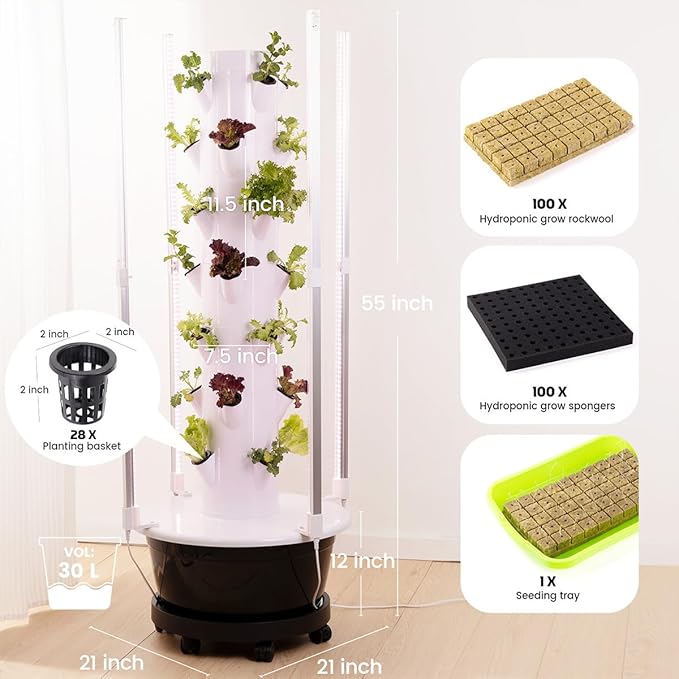 Vertical Hydroponics Growing System Kit, 28-Plant Spacious Indoor Hydroponic Garden Tower with Automatic Timer LED Grow Lights & Pump System, Herb Garden Planter Indoor Kit with 30L Water Reservoir
