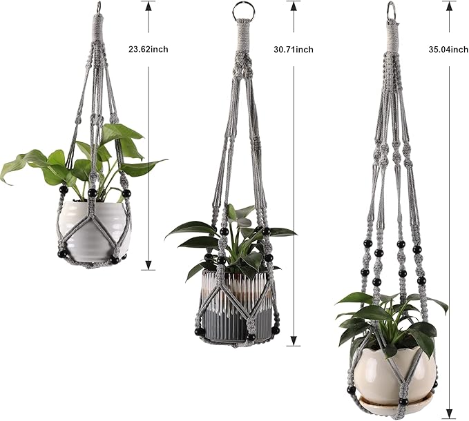 MKO SHUN 3-Pack Macrame Plant Hanger Indoor - Hanging Planter Basket for Indoor Outdoor - Decorative Boho Plant Holders Set with Beads - Ceiling Flower Pot Holder with 6 Hooks - 35"/30"/24" Gray