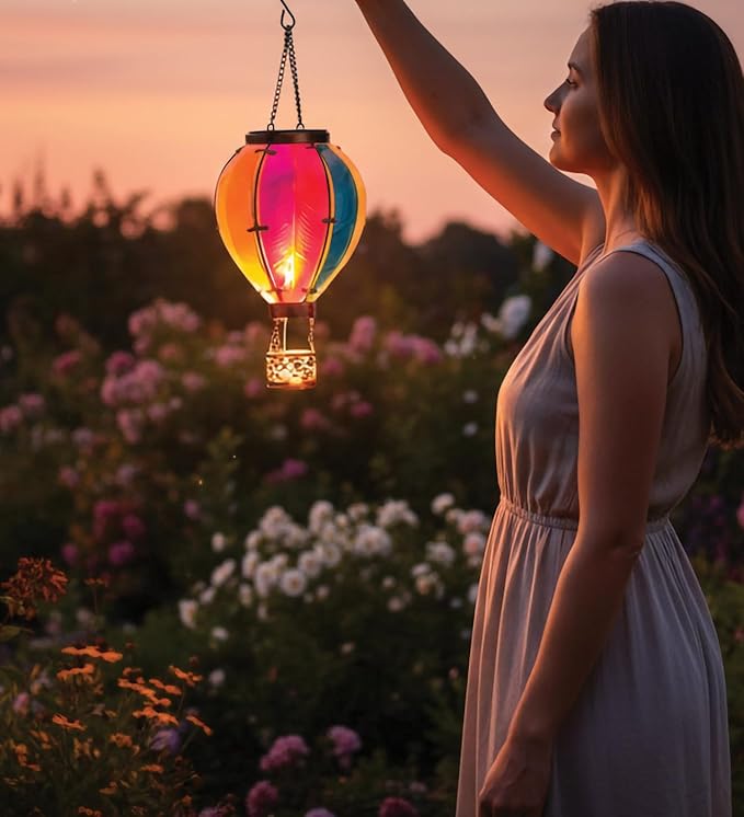 Regal Art & Gift Hot Air Balloon Solar Lantern – Hanging Solar-Powered LED Lights, Waterproof Portable Decorative Outdoor Lamp Made of Metal & Glass for Garden, Patios & Pathway – Rainbow(Small)