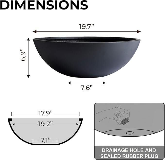 KUTE NEST 6.9"H x 19.7"D Round Bowl Fiberstone Planter for Succulent and Lotus with Drainage Hole, Smooth Finishes, Weather Resistant for Indoor, Included 2 Extra Coco Mats (Black, 17.9" Pot Opening)