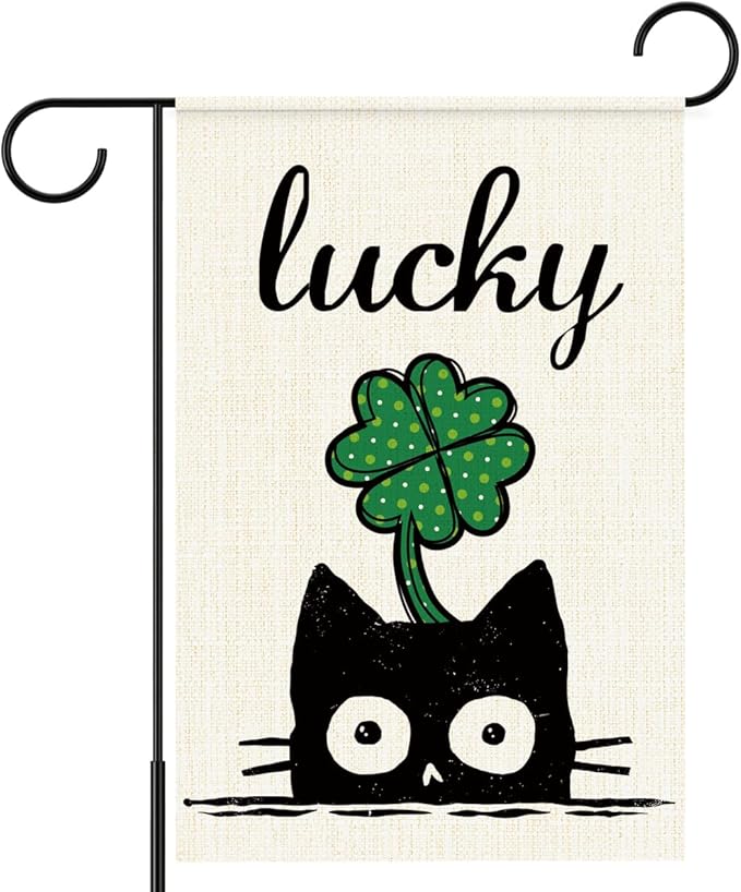 St Patricks Day Garden Flag 12x18 Inch Double Sided,Lucky Shamrocks Cat Outdoor Irish Decor House Porch Flag for St Patrick's Day Party and Yard Decorations