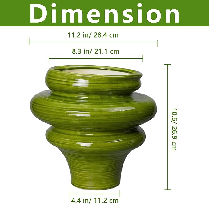 Teagas Ceramic Pot for Plants 11 Inch - Plant Pot for Indoor Outdoor, Decorative Bonsai Planter with Drainage Hole, Flower Pots for Office, Gift for Men Women, Green