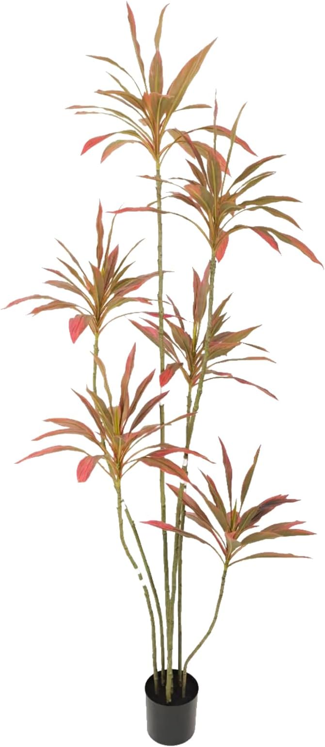 Artificial Cordyline Plant, Indoor Potted Plant, 6 Stems with Black Planter, Suitable for large indoor living room decorations, potted plants, and window display scenes (Red-7ft)