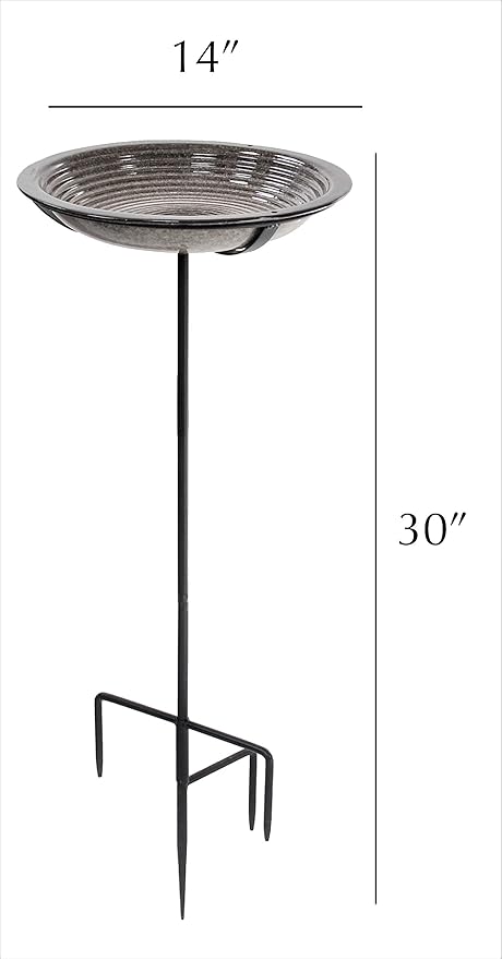 BYER OF MAINE Circles Post Bird Bath, Outdoor Garden and Patio Decor, Porcelain, Glaze Finish, Steel Mounting Post, Outside Bird Pond Fountain, 14"x14"x30", Granite