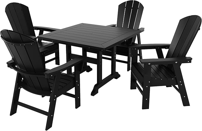 WestinTrends Malibu 5 Piece Adirondack Outdoor Dining Set, All Weather Poly Lumber Patio Table and Chairs Furniture Set, 43" Trestle Square Dining Table and 4 Adirondack Dining Chair, Black