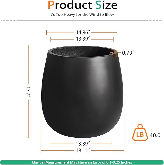 Heyzier Oval Concrete Planters for Outdoor Plants, Large Tall Cement Flower Pots Indoor for Garden, Front Porch, Patio (Black)