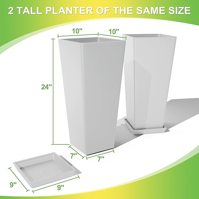 TUYOHW Set of 2 Tall Planters, 24" Large Indoor Outdoor Flower Pots with Tray, Modern Tapered Planters for Porch, Patio, Garden, Backyard(White)