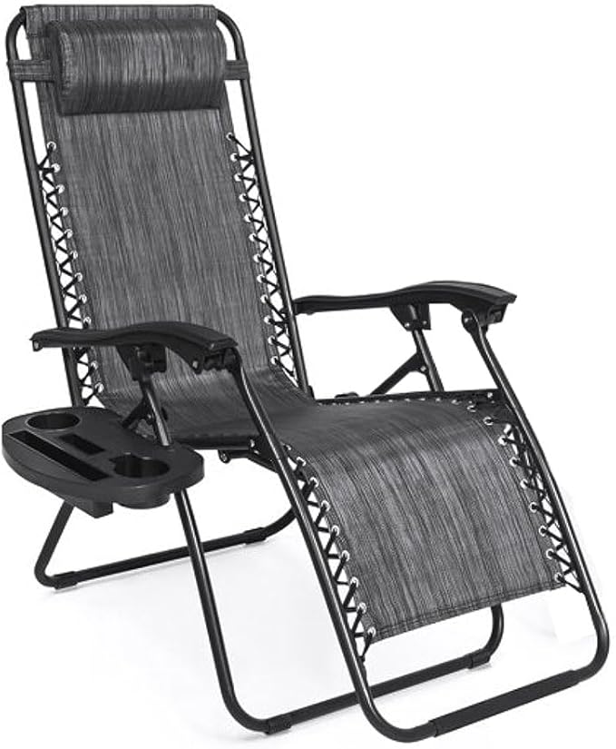 EZONE 1 - Chair Zero Gravity Lounge Chair Outdoor Adjustable Reclining Patio Chair Steel Mesh Folding Recliner for Pool Beach Camping Lounge Chair with Pillow and Cup Tray (1, Grey)