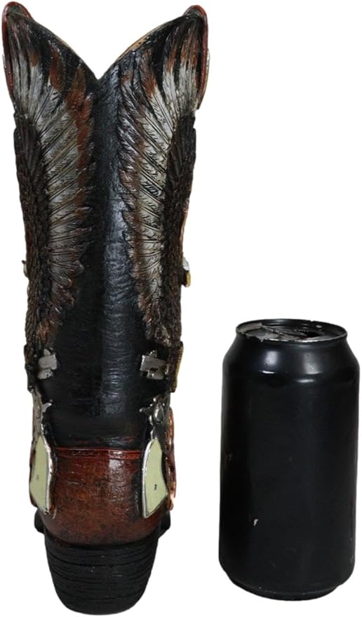 Ebros Gift Rustic Country Western Wild West Bald Eagle with Open Wings Clutching Crossed Revolver Guns and Pentagram Star Faux Tooled Leather Cowboy Boot Decorative Flower Vase Or Planter Figurine