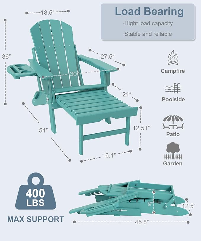 Adjustable Adirondack Chair with Retractable Ottoman Set of 2, HDPE Folding Adirondack Chair with Cup Holder, All Weather Fire Pit Chair for Outdoor.