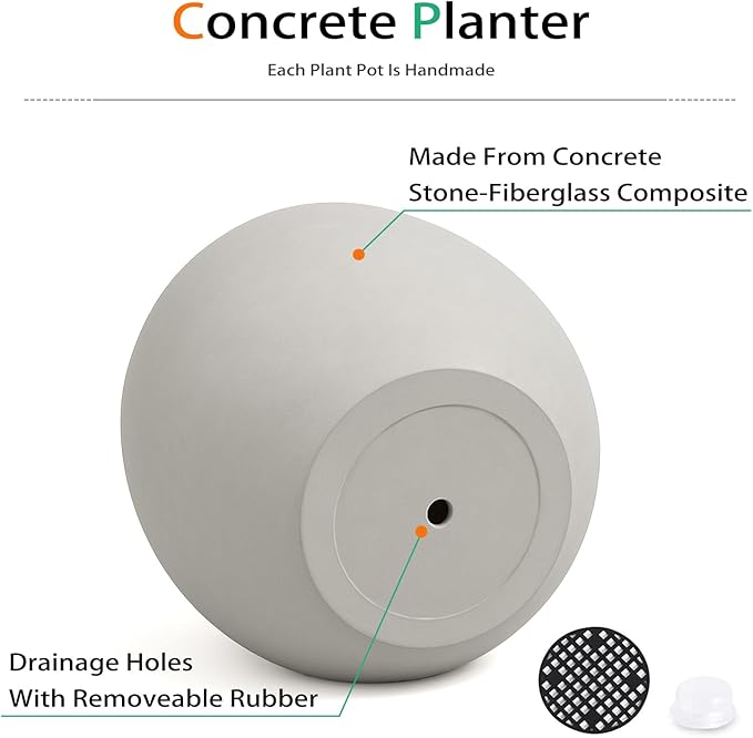 Heyzier Ball Concrete Planter Outdoor Indoor, Large Tall Cement Plant Pots for Trees Flowers (Gray, 18 inch)