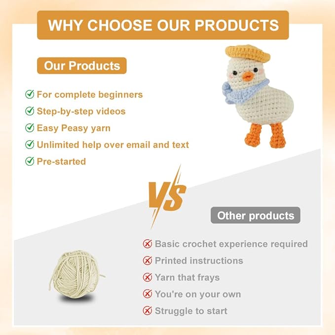 Duck Crochet Kit for Beginners - Complete Amigurumi Starter Set with Step-by-Step Video Tutorials | Easy-to-See Anti-Split Yarn & Pre-Started Magic Loop | Ideal Creative DIY Gift for Adults & Kids