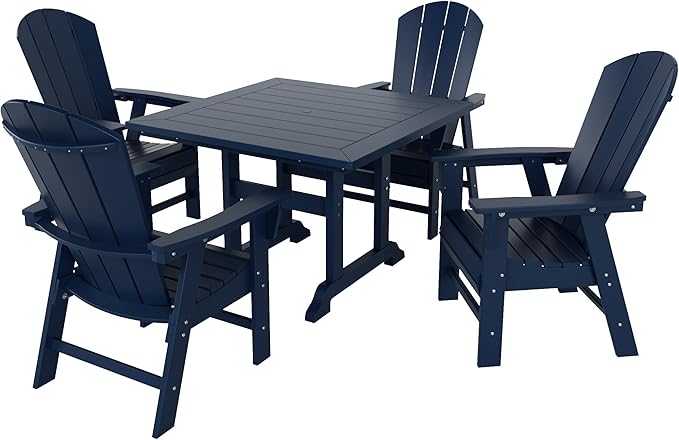 WestinTrends Malibu 5 Piece Adirondack Outdoor Dining Set, All Weather Poly Lumber Patio Table and Chairs Furniture Set, 43" Trestle Square Dining Table and 4 Adirondack Dining Chair, Navy Blue