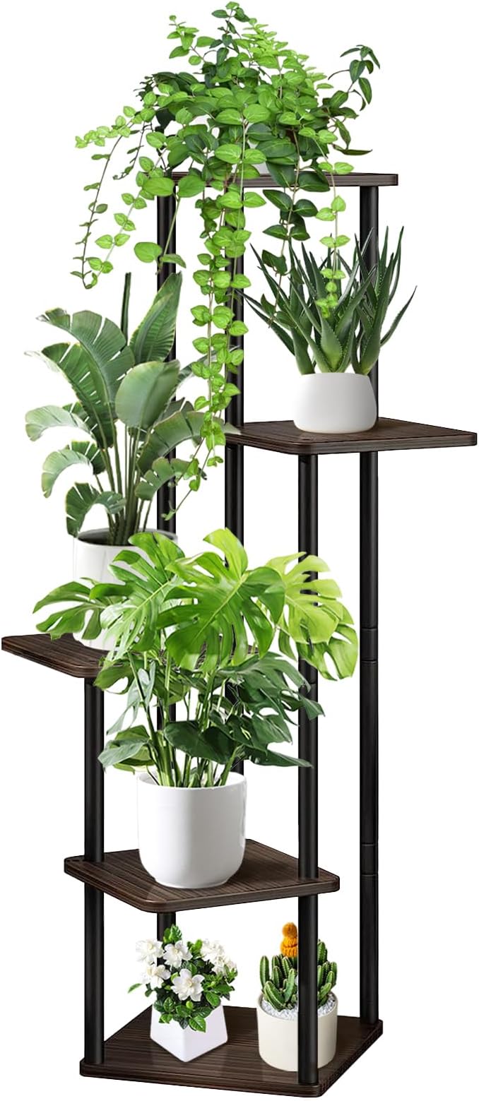 YOCOMEY 5 Tier Wood Tall Plant Stand Metal Rack Indoor, Multiple Flower Pot Holder Shelves Corner Rack, Planter Shelf Display Rack Storage Organizer for Patio Living Room Balcony Garden(Black Oak)