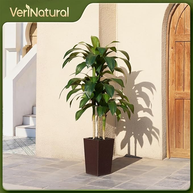 VeriNatural Artificial Dracaena Tree 5FT - Fake Tree with Brown Taper Planter & Pebbles - UV Resistant Faux Yucca Tropical Plant - Artificial Trees for Home Office Living Room Decor Indoor Outdoor