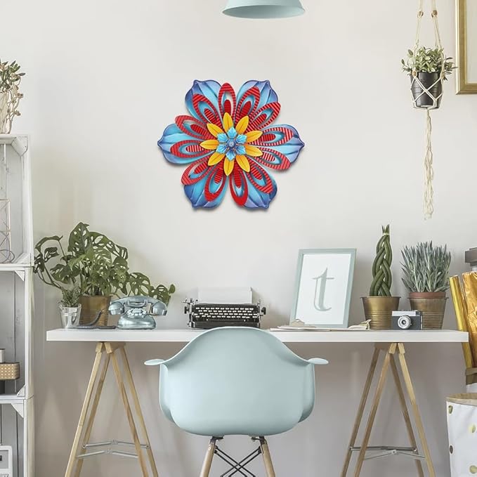 YEAHOME Metal Flower Wall Decor, 11 inch Wall Art Decorations Rustic Home Decor Aesthetic for Bathroom, Bedroom, Living Room, Office, Boho Art, Indoor Outdoor Decorations Patio Garden Decor(Blue)
