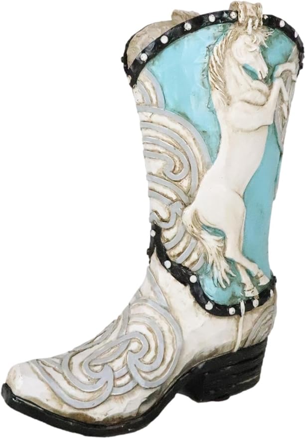 Ebros Gift Rustic Western Colorful Faux Tooled Leather Aqua Blue and White Prancing Horse Cowboy Cowgirl Boot Decorative Figurine Or Floral Vase Planter Table Shelf Countertop Accent