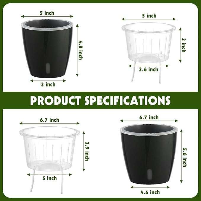KvyusFlourish Self Watering Pots for Indoor Plants, 12-Pack 5'' Self Watering Planter with Drainage Holes, Small African Violet Pots with Water Level Indicator, Clear Wick Pot, Black