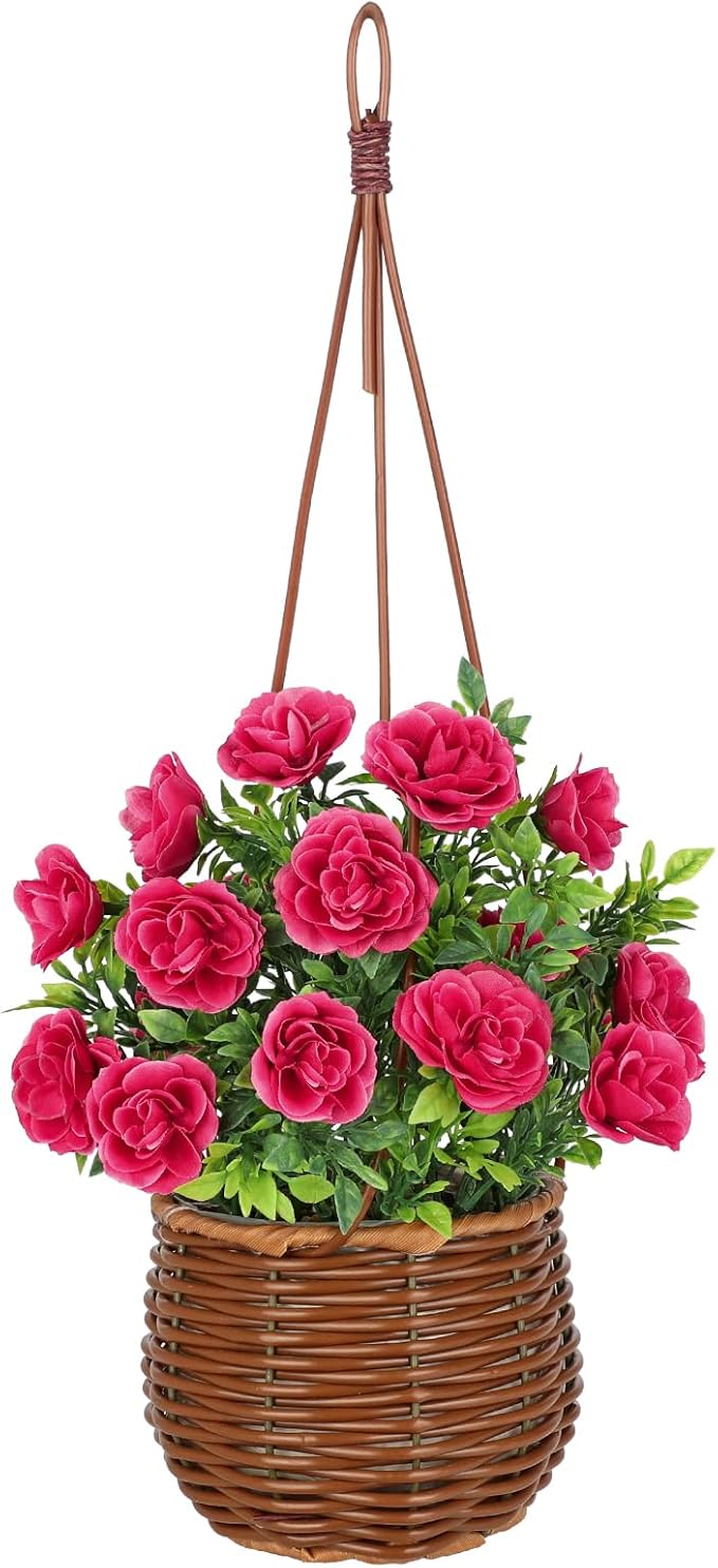 Artificial Rose Flowers with Hanging Woven Basket, Faux Blooming Roses in Fake Rattan Planter with Rope, Romantic Floral Arrangement for Home Bedroom Porch Patio Balcony Summer Wedding Decor, Pink
