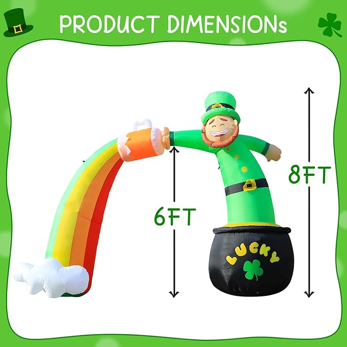 St. Patricks Day Inflatable Decorations 8ft Leprechaun Rainbow Arch with Gold Coin Pot and Cloud Built-in LED Lights Outdoor Theme Party Decor Holiday Lawn Yard Garden Patio Décor