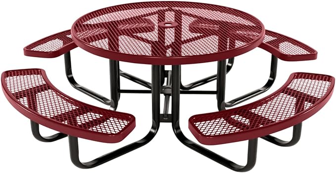 COATEDOUTDOORFURNITURE Heavy-Duty Portable Outdoor Kids Table with Umbrella Hole, Expanded Metal Kids Picnic Table, Commercial-Grade, Made in America (46 in, Round, Childrens, Burgundy)