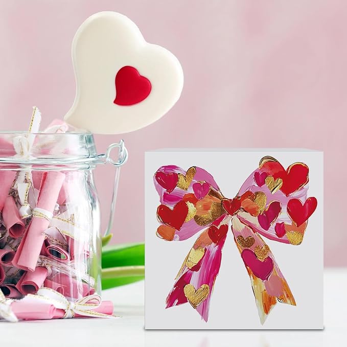 Valentines Day Decorations, Valentines Day Gifts for Her Him, Gift for Boyfriend Girlfriend, Romantic Pink Heart Bow Brushstroke Anniversary Wooden Box Sign Husband Wife Home Office Desk Decor