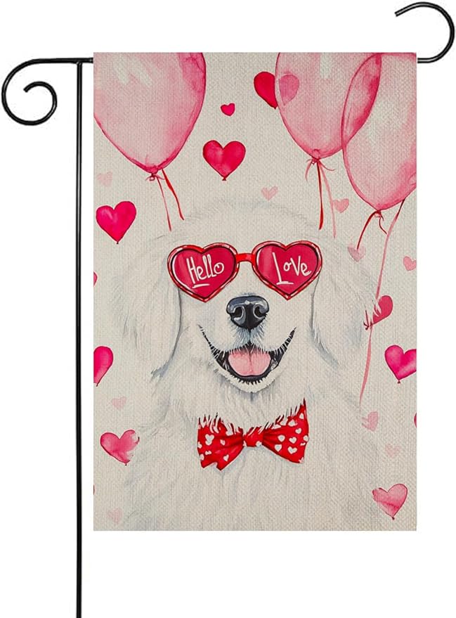 Valentine's Day Great Pyrenees Hello Love Garden Flag, House Yard Plaid Love Heart Outside Decoration, Spring Holiday Wedding Anniversary Outdoor Small Decor 12x18(12629)