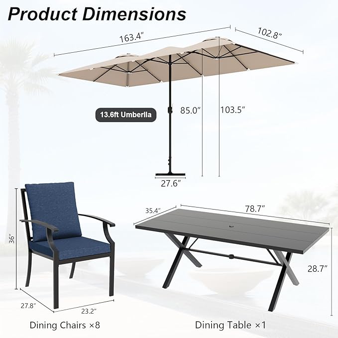 10-Piece Patio Dining Set,Metal Outdoor Furniture Set Includes 13.6FT Sand Umbrella,Hole Cut-Out 78.7" x 35.4" Table and 8 Metal Backrest Chairs for Backyard,Garden,Navy