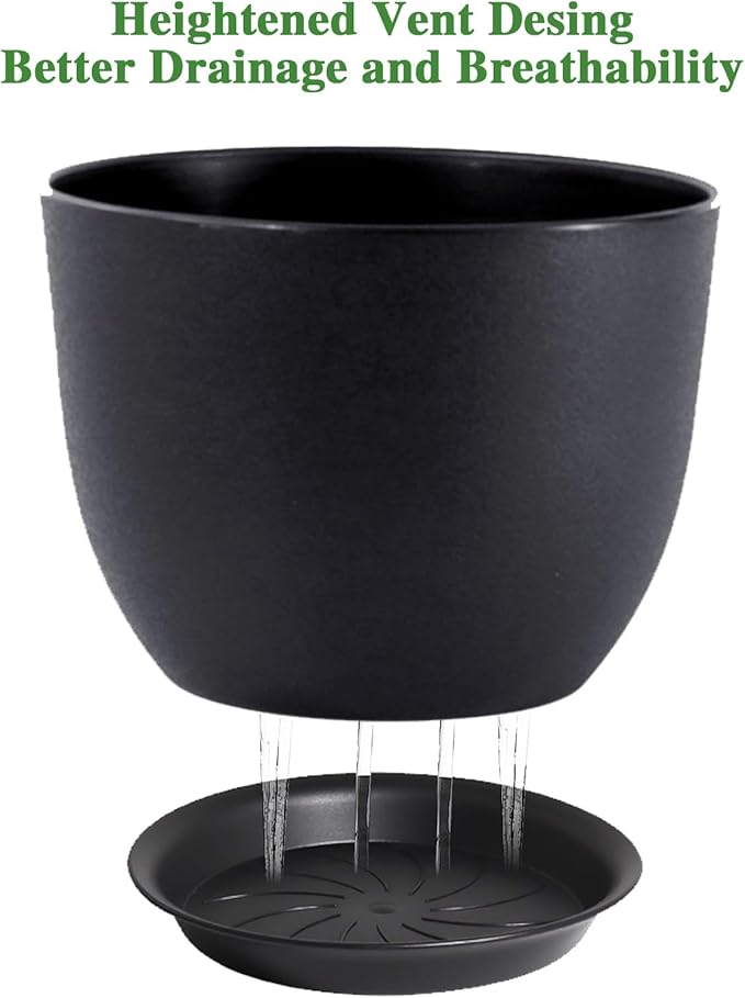 UOUZ 12inch Large Plant Pot, Modern Plastic Planter with High Driange Holes and Saucer for Indoor Outdoor Garden Plants and Flowers, Black