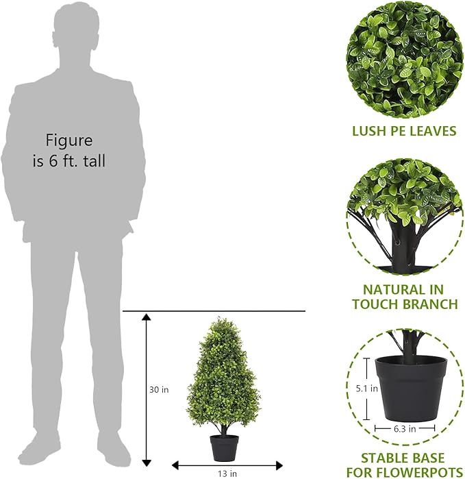 Azoco 30" Artificial Boxwood Faux Plants Outdoor, UV Resistant Topiary Trees Realistic Cone-Shaped Fake Bushes and Shrubs Potted Fakeplants Set of 2 for Front Porch Patio Outside Planter Decor