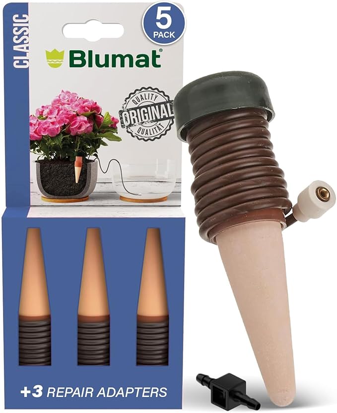 Blumat Classic Self-Watering Stakes - Automatic Drip Irrigation System for Indoor Plant Watering & Outdoor - Water Drip Solution for Potted Plants - Slow Release Stakes, 5 Pack, w Adapter