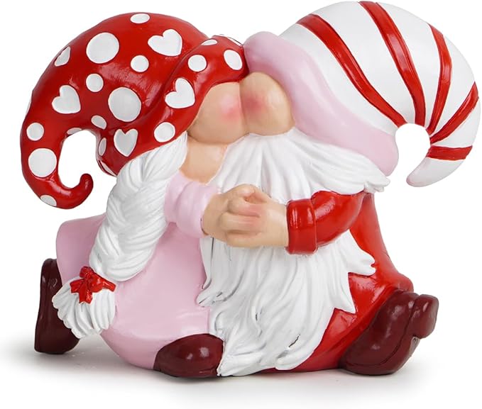 Hodao Valentine Gnome Couple Figurine - Hand-Painted Resin Kissing Gnomes with Heart Polka-Dot and Candy-Cane Hats - Romantic Decor and Gift for Anniversary or Wedding, Tiered Tray, Mantel, Tabletop