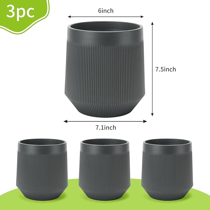 Yaghpy Plant Pots，Set of 3 Plastic Pots for Indoor Plants,Flower Pots Outdoor Planters with Drainage Hole and Seamless Saucer,Gray