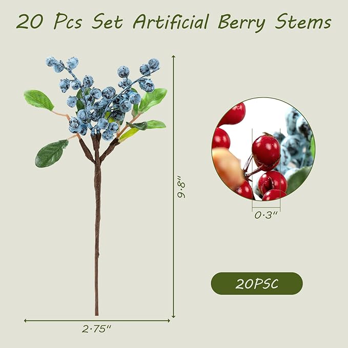 SHACOS 20 PCS Artificial Berry Stems Assorted Mixed Color, Fake Berries Branches Spray with Green Leaves 9.8 inch Small Berry Picks for Floral Crafts Centerpiece Bouquet Filler Home Wedding Decor