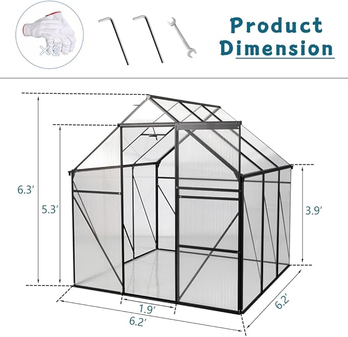 6x6 FT Polycarbonate Greenhouse Raised Base and Anchor Aluminum Heavy Duty Walk-in Greenhouses for Outdoor Backyard in All Season Black