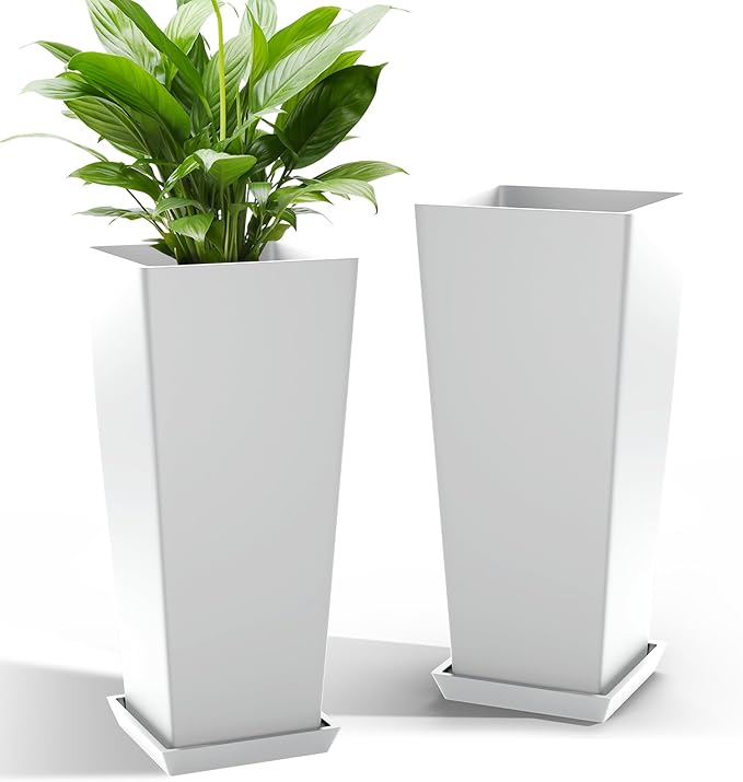 TUYOHW 24 Inch Tall Tapered Square Planters (Set of 2) - Indoor Outdoor Large Flower Pots with Built-in Drainage & Matching Water Tray for Patio, Garden, Home - White