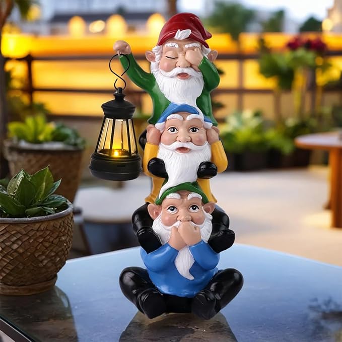 Funny Garden Gnome Statues with Solar Lights Outdoor Decorations, Triple Gnome Statues Unseen Unheard Unspeak Sculptures Outdoor Patio Lawn Yard Garden Decor Housewarming Gifts